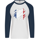 Torn France Flag French Day Football Mens L/S Baseball T-Shirt White/Navy Blue