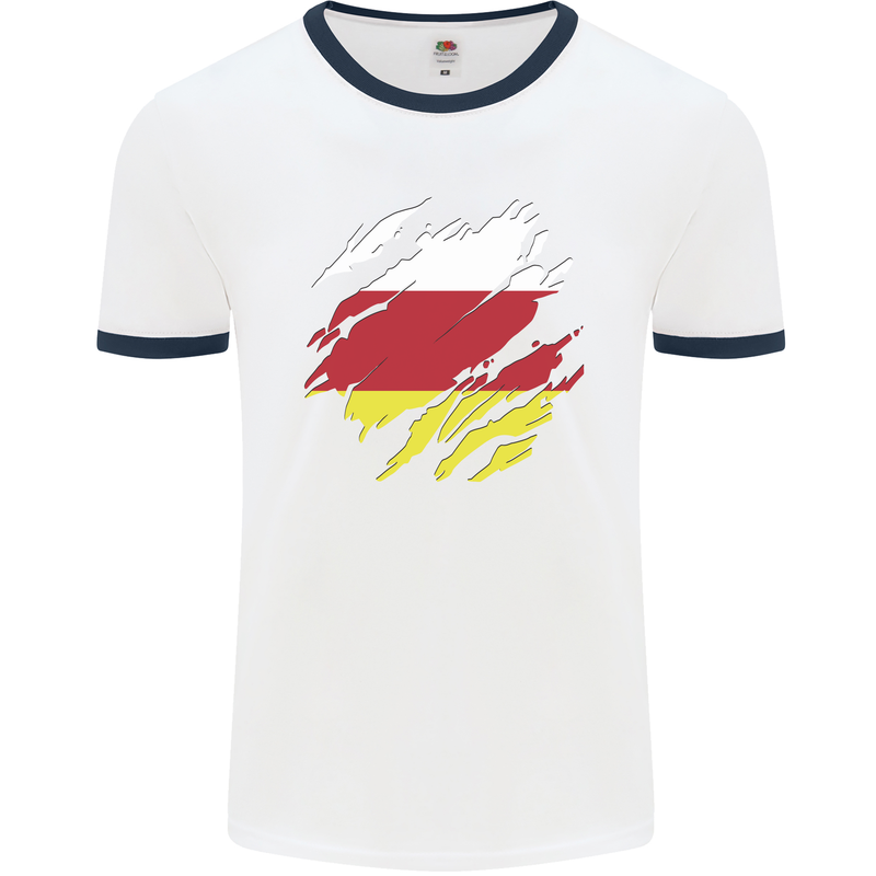 Torn Flag South Ossetia Mens Ringer T-Shirt White/Navy Blue