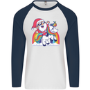 Christmas Santa Claus On a Unicorn Xmas Mens L/S Baseball T-Shirt White/Navy Blue