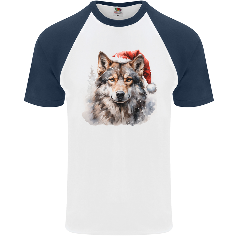 Christmas Wolf Mens S/S Baseball T-Shirt White/Navy Blue