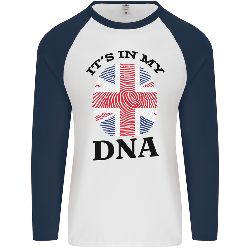 Britain Its in My DNA Funny Union Jack Flag Mens L/S Baseball T-Shirt White/Navy Blue