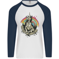 Skeleton Unicorn Skull Heavy Metal Rock Mens L/S Baseball T-Shirt White/Navy Blue