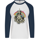 Skeleton Unicorn Skull Heavy Metal Rock Mens L/S Baseball T-Shirt White/Navy Blue