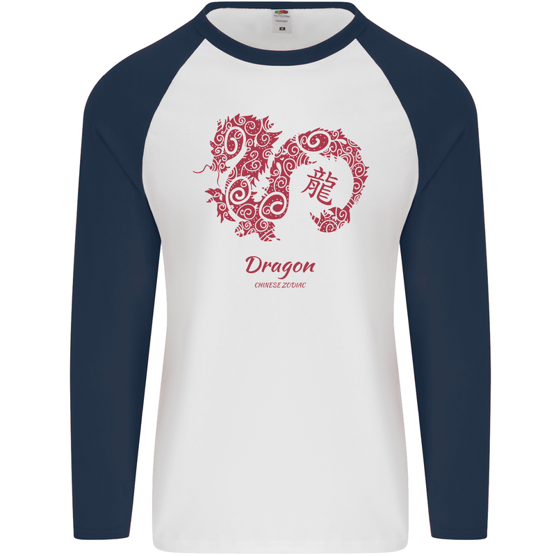 Chinese Zodiac Shengxiao Year of the Dragon Mens L/S Baseball T-Shirt White/Navy Blue