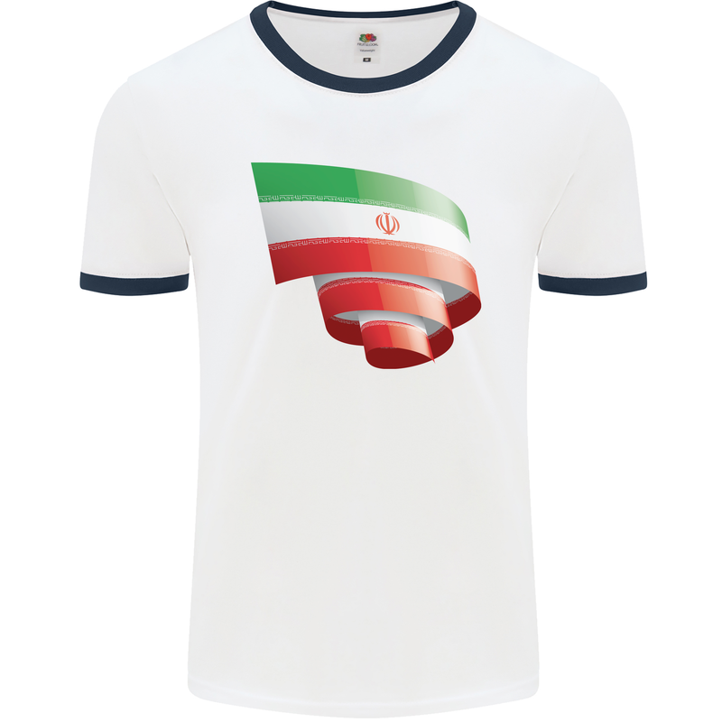 Curled Iran Flag Iranian Day Football Mens Ringer T-Shirt White/Navy Blue