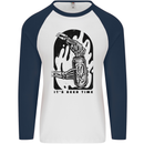 It's Beer Time Skeleton Hand Skull Mens L/S Baseball T-Shirt White/Navy Blue