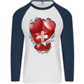 Gym Swiss Flag Ripped Muscles Switzerland Mens L/S Baseball T-Shirt White/Navy Blue