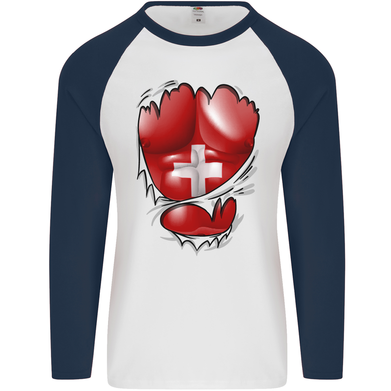Gym Swiss Flag Ripped Muscles Switzerland Mens L/S Baseball T-Shirt White/Navy Blue