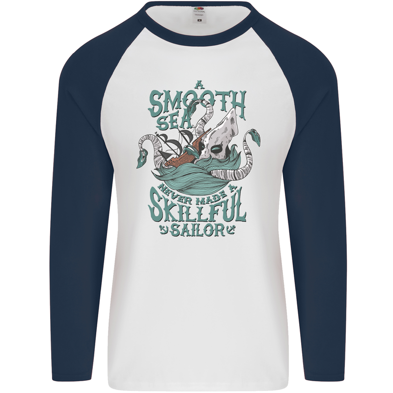 Skilful Sailor Kraken Sailing Octopus Mens L/S Baseball T-Shirt White/Navy Blue