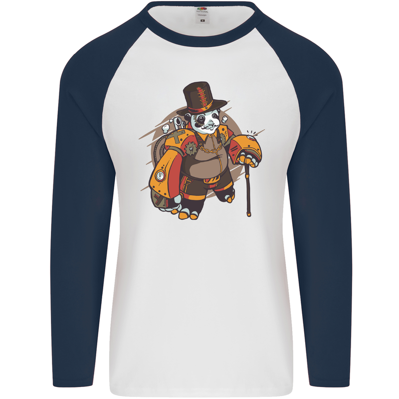 Steampunk Panda Bear Mens L/S Baseball T-Shirt White/Navy Blue