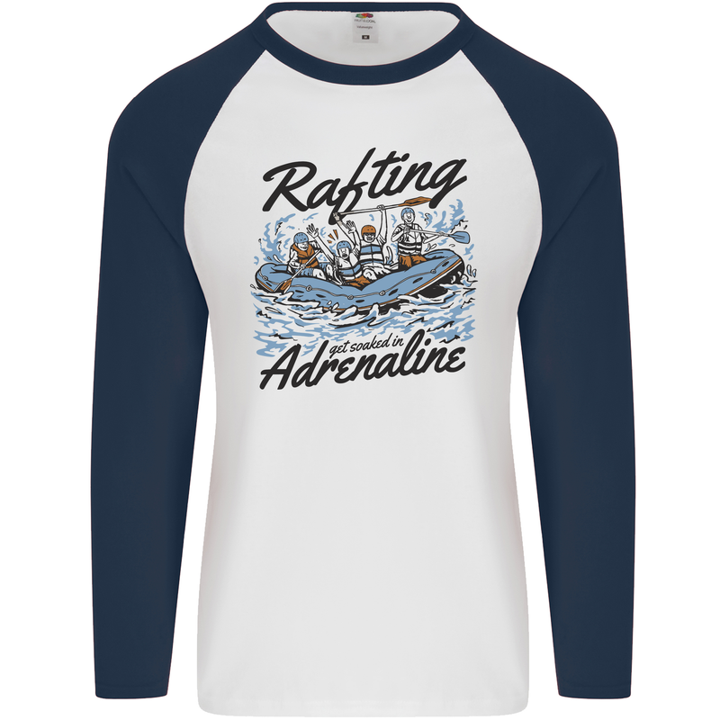 Rafting Get Soaked in Adrenaline White Water Mens L/S Baseball T-Shirt White/Navy Blue