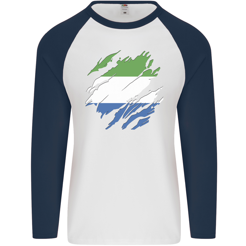 Torn Sierra Leone Flag Leonian Day Football Mens L/S Baseball T-Shirt White/Navy Blue