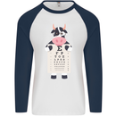 A Cow Holding a Snellen Eye Chart Glasses Mens L/S Baseball T-Shirt White/Navy Blue