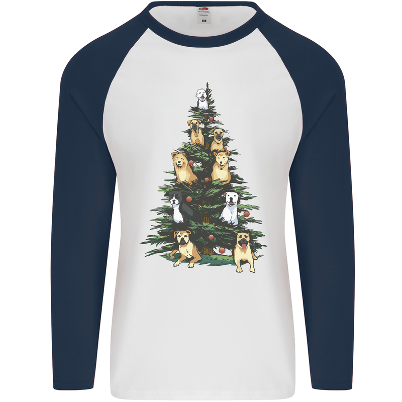 Funny Dog Christmas Tree Mens L/S Baseball T-Shirt White/Navy Blue