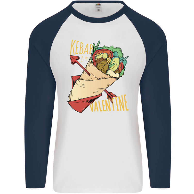 Singles Day Anti Valentines Day Kebab Mens L/S Baseball T-Shirt White/Navy Blue