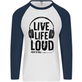 Live Life Loud Rock n Roll Guitar Music Mens L/S Baseball T-Shirt White/Navy Blue