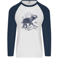 Sacral Style Elephant Meditation Tattoo Art Mens L/S Baseball T-Shirt White/Navy Blue