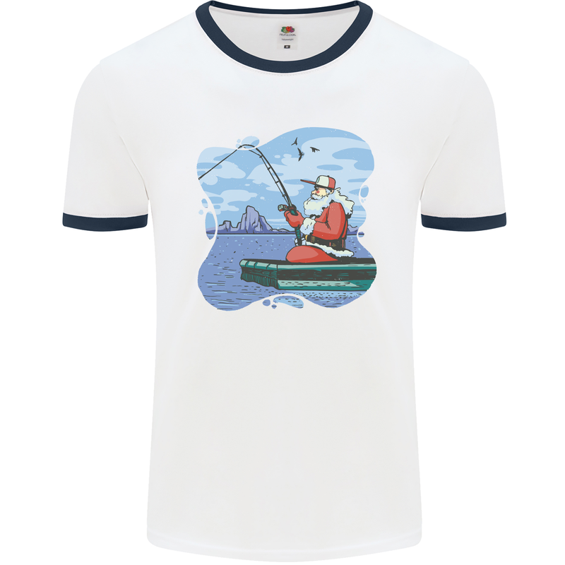 Santa Claus Fishing on a Pier Christmas Mens Ringer T-Shirt White/Navy Blue