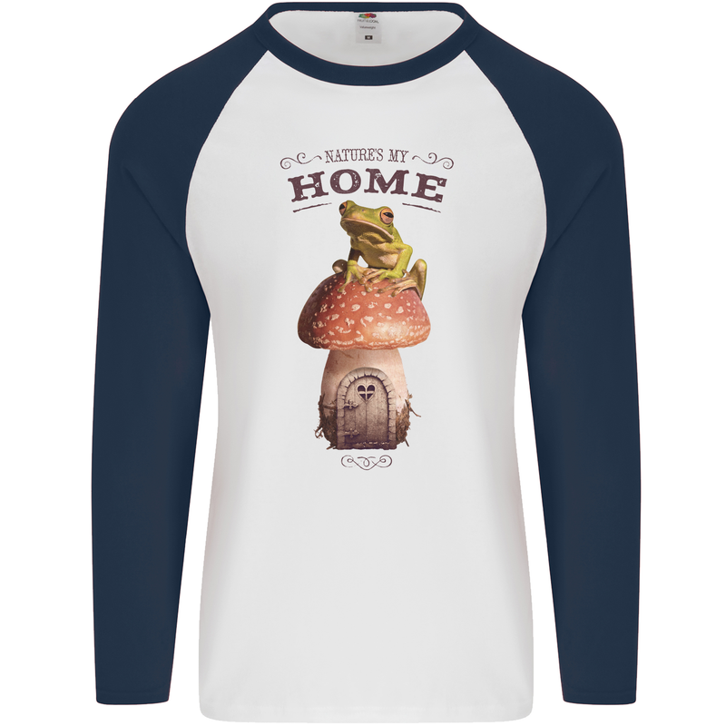 Nature My Home Mushroom Frog Mens L/S Baseball T-Shirt White/Navy Blue