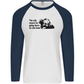 Biker Going Down on One Knee Motorcycle Mens L/S Baseball T-Shirt White/Navy Blue