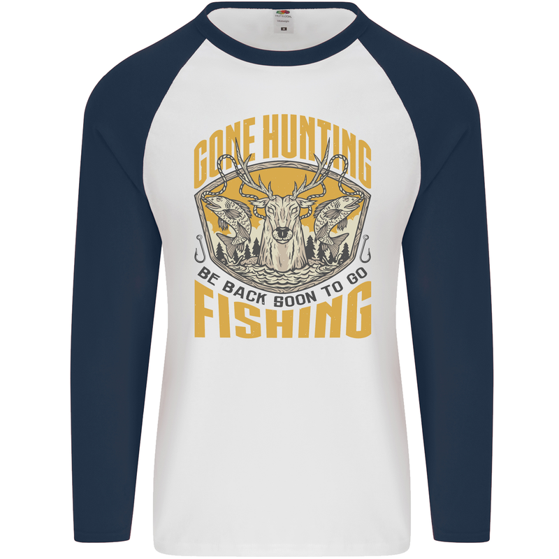 Gone Hunting Then Fishing Funny Hunter Mens L/S Baseball T-Shirt White/Navy Blue