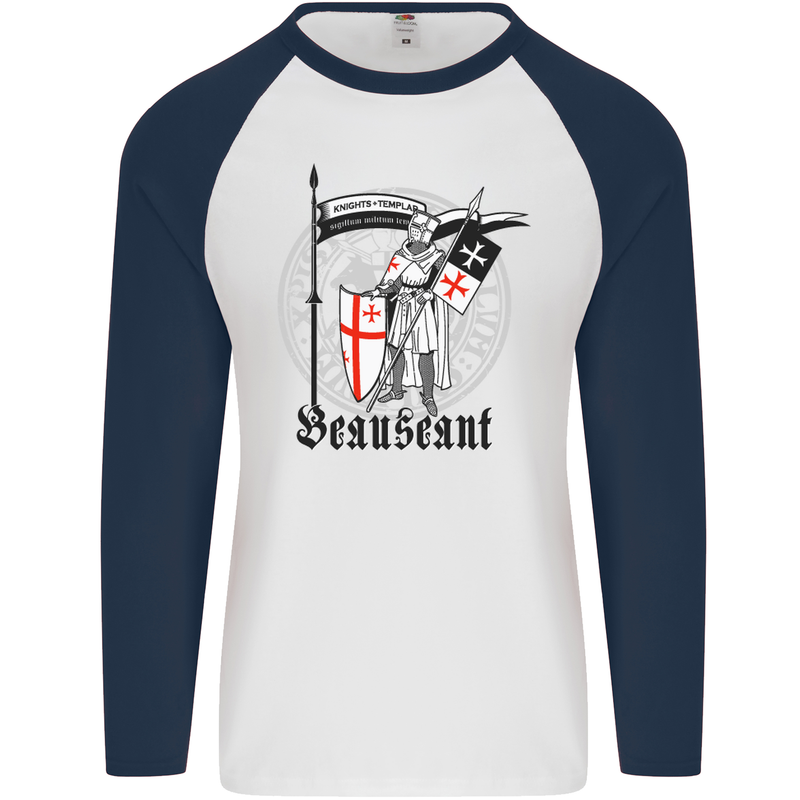 Knights Templar St Georges Day Beauseant Mens L/S Baseball T-Shirt White/Navy Blue