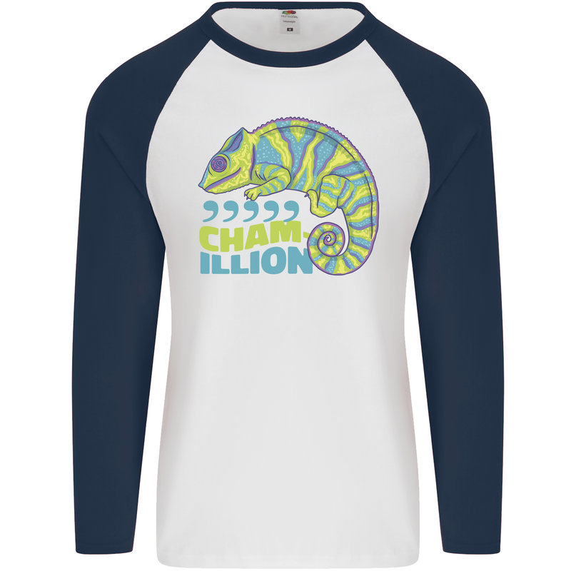 Comma Chameleon Funny Lizard Mens L/S Baseball T-Shirt White/Navy Blue