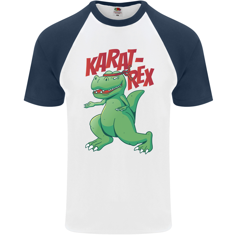 Karat-Rex Karate T-Rex Dinosaur Mens S/S Baseball T-Shirt White/Navy Blue