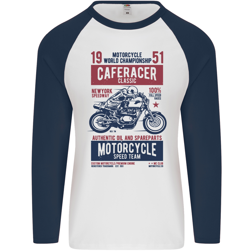 Biker Cafe Racer 1951 Motorbike Motorcycle Mens L/S Baseball T-Shirt White/Navy Blue