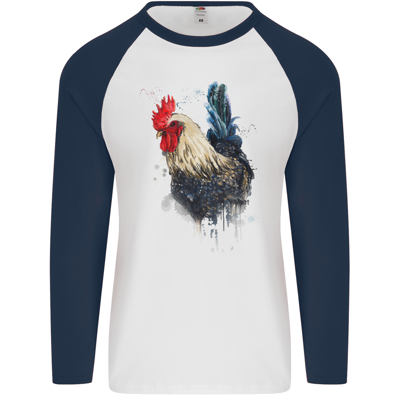 A Chicken Watercolour Mens L/S Baseball T-Shirt White/Navy Blue