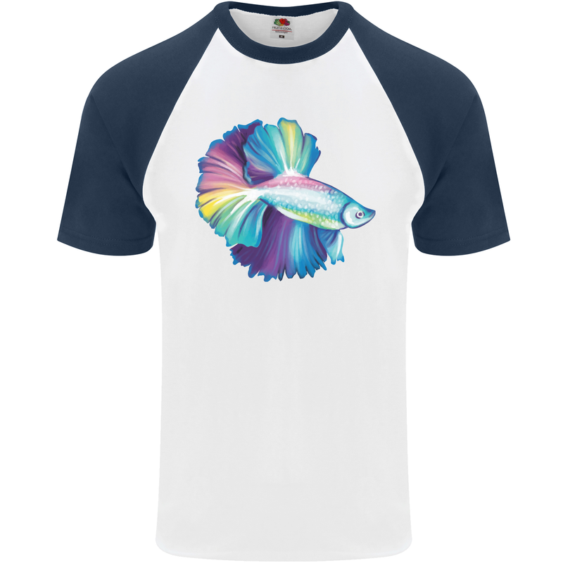 A Colourful Bettafish Aquarium Mens S/S Baseball T-Shirt White/Navy Blue