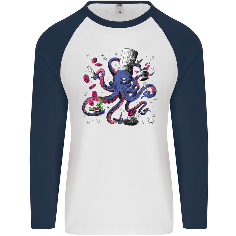 Octo Chef Funny Octopus Cook Cooking Mens L/S Baseball T-Shirt White/Navy Blue