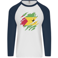 Torn Sao Tome and Principe Flag Day Football Mens L/S Baseball T-Shirt White/Navy Blue