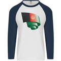 Curled Afghanistan Flag Afghan Day Football Mens L/S Baseball T-Shirt White/Navy Blue