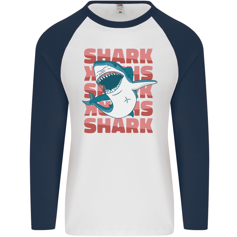 A Great White Shark Mens L/S Baseball T-Shirt White/Navy Blue