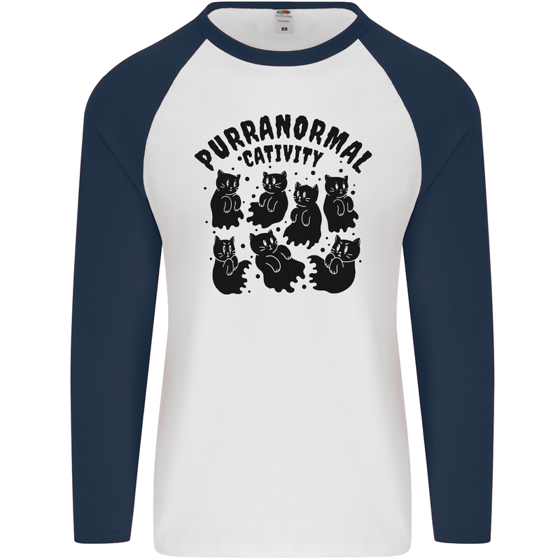 Purranormal Cativity Funny Cat Halloween Mens L/S Baseball T-Shirt White/Navy Blue