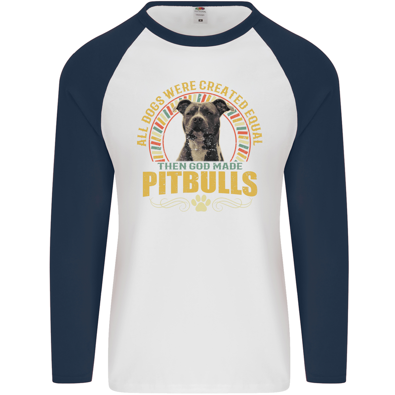 A Pitbull Dog Mens L/S Baseball T-Shirt White/Navy Blue
