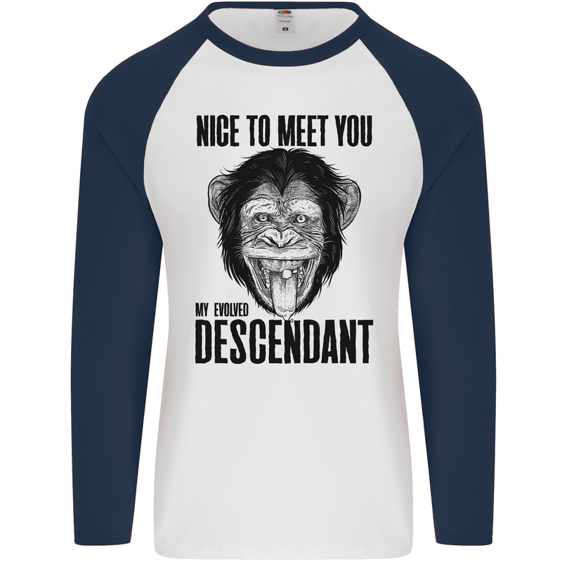 Chimp Evolved Dessendant Funny Monkey Ape Mens L/S Baseball T-Shirt White/Navy Blue