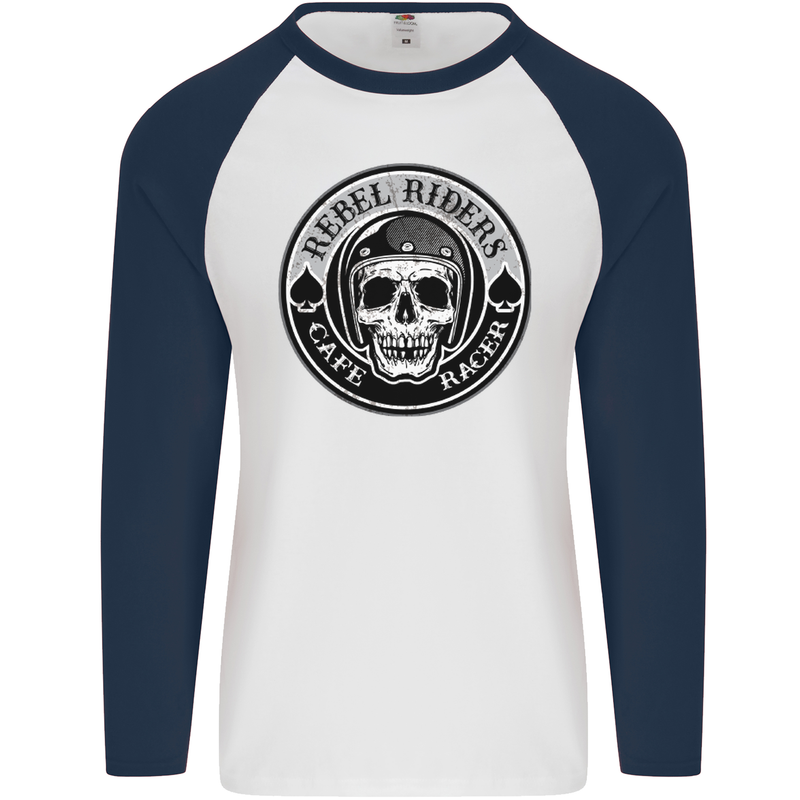 Rebel Cafe Racer Biker Motorbike Motorcycle Mens L/S Baseball T-Shirt White/Navy Blue