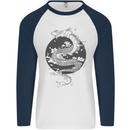 Japanese Fantasy Dragon Sun Background Mens L/S Baseball T-Shirt White/Navy Blue