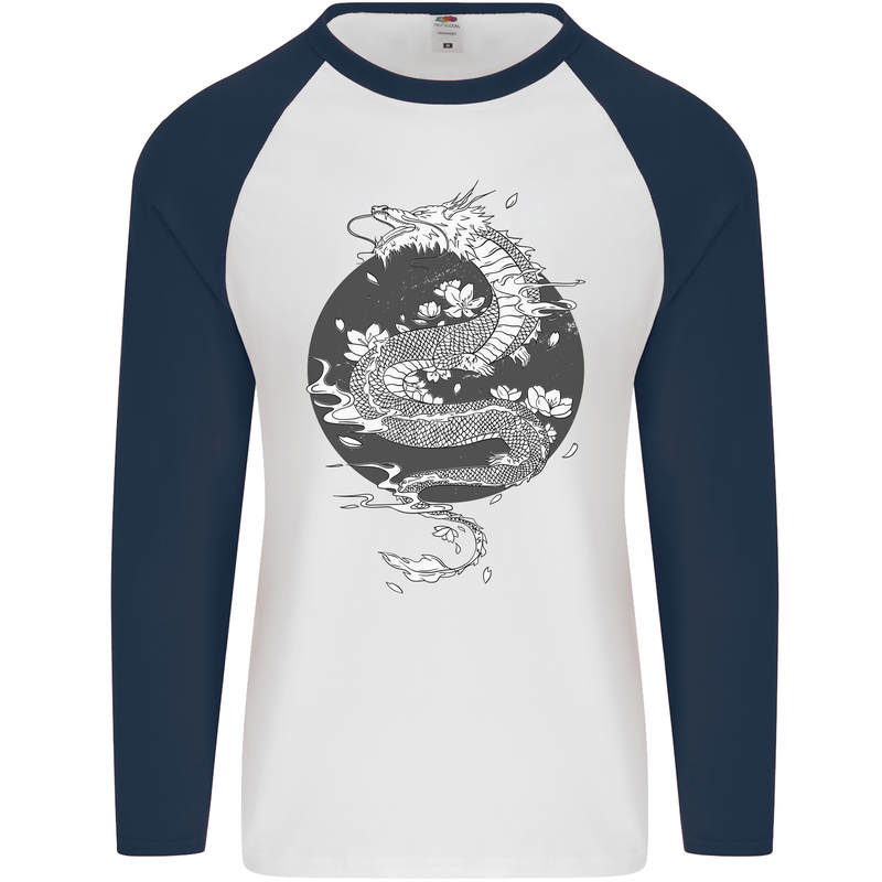 Japanese Fantasy Dragon Sun Background Mens L/S Baseball T-Shirt White/Navy Blue