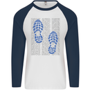 Rise & Run Running Marathon Cross Country Runner Mens L/S Baseball T-Shirt White/Navy Blue