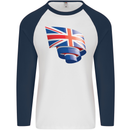 Curled British Flag Union Jack Britain Mens L/S Baseball T-Shirt White/Navy Blue
