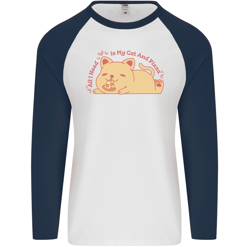 Cat and Pizza Funny Antisocial Mens L/S Baseball T-Shirt White/Navy Blue