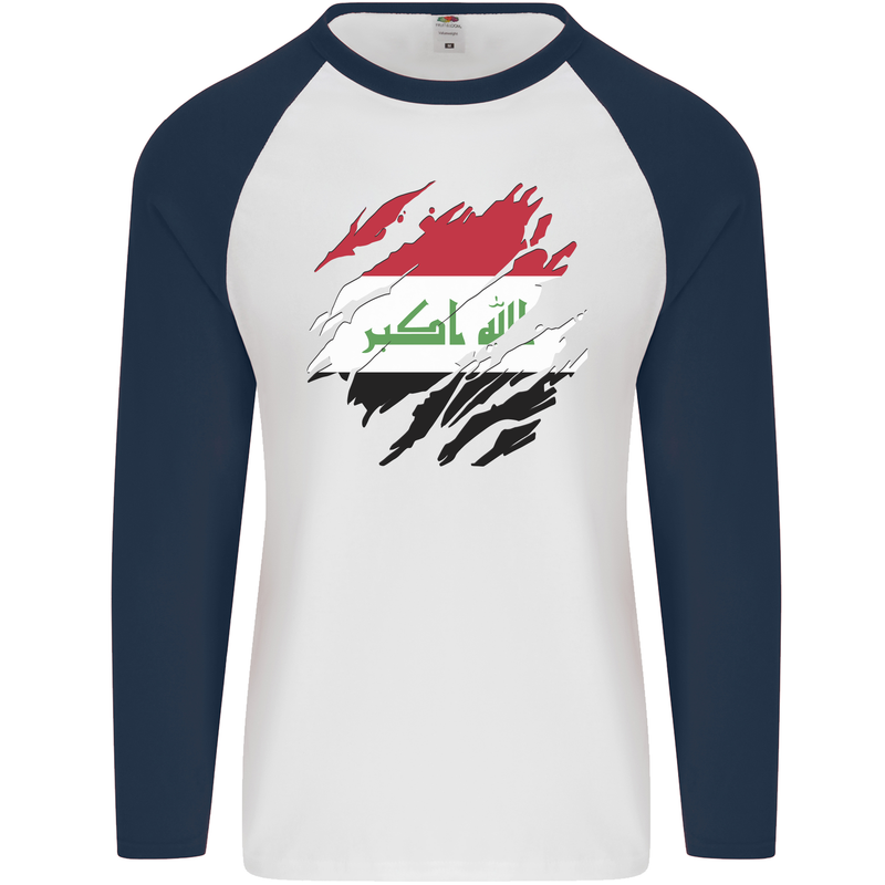 Torn Iraq Flag Iraqi Day Football Mens L/S Baseball T-Shirt White/Navy Blue