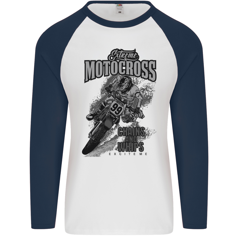 Extreme Motocross Dirt Bike MotoX Motosport Mens L/S Baseball T-Shirt White/Navy Blue