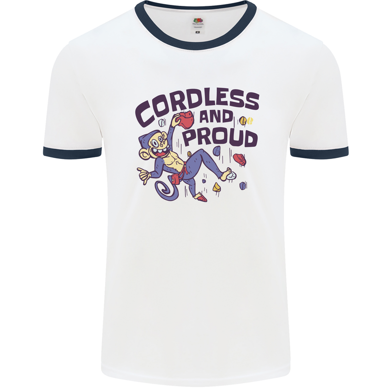 Cordless & Proud Rock Climbing Monkey Mens Ringer T-Shirt White/Navy Blue