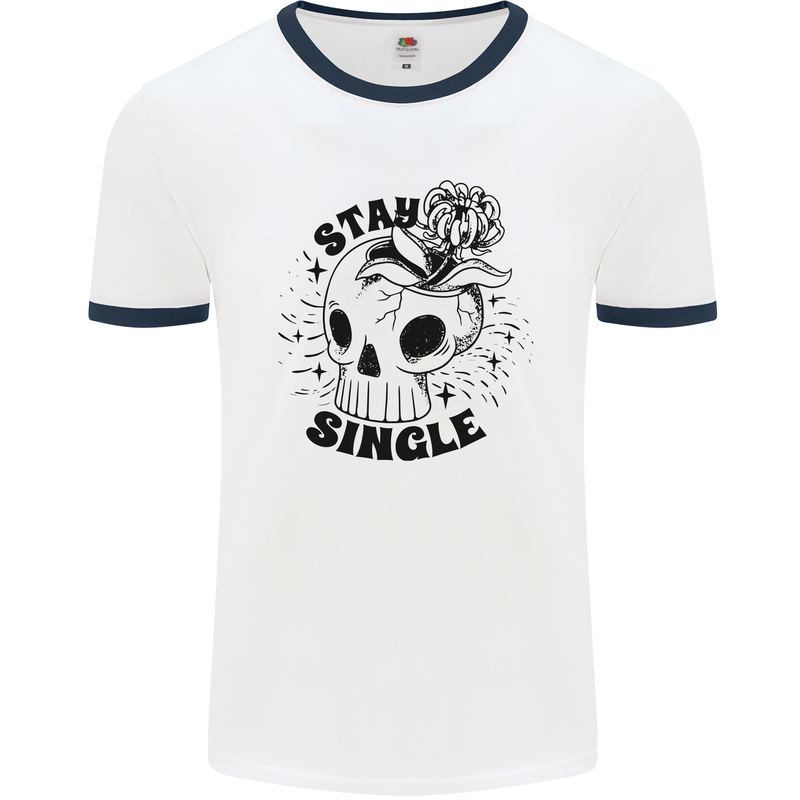 Stay Single Anti Valentines Singles Day Skull Mens Ringer T-Shirt White/Navy Blue