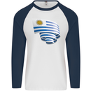 Curled Uruguay Flag Uruguayan Day Football Mens L/S Baseball T-Shirt White/Navy Blue