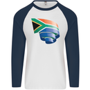 Curled South African Flag Africa Day Football Mens L/S Baseball T-Shirt White/Navy Blue